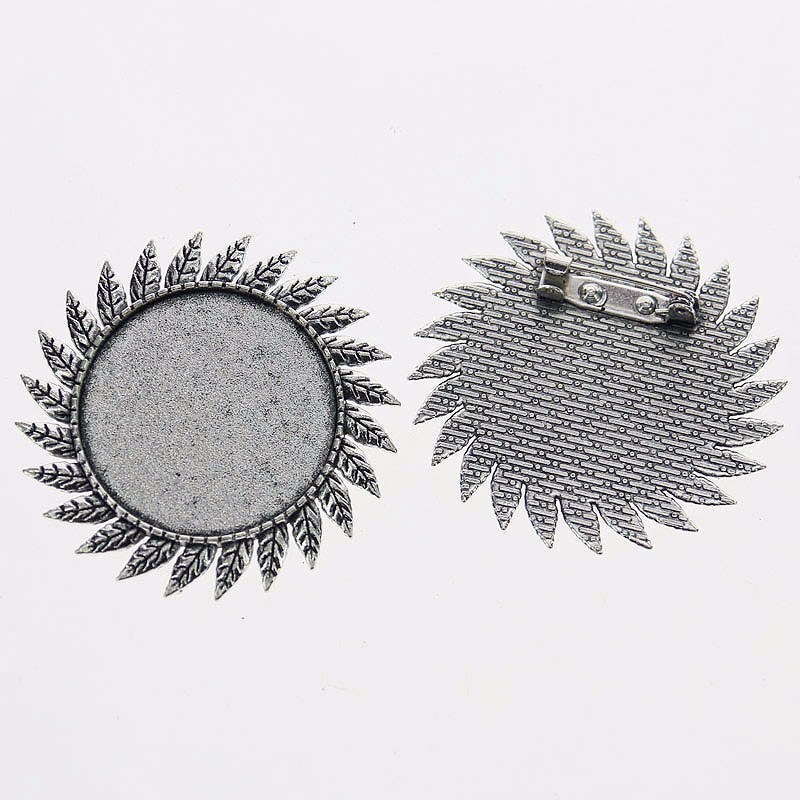2pcs Tibetan silver  ROUND 30mm cabochon settings leaf rim brooch design XA053