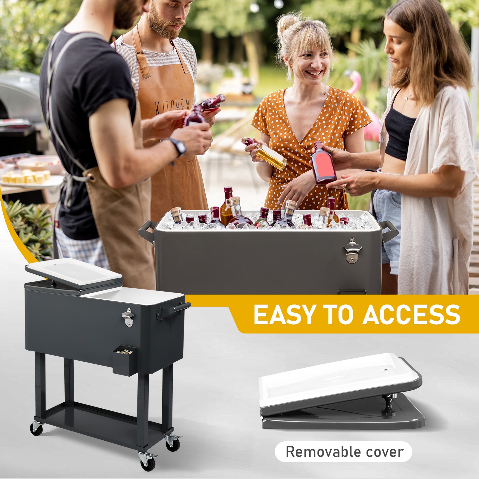 80QT Rectangular Plastic Box, Iron Foot Tube Insulation Cart, Dark Grey