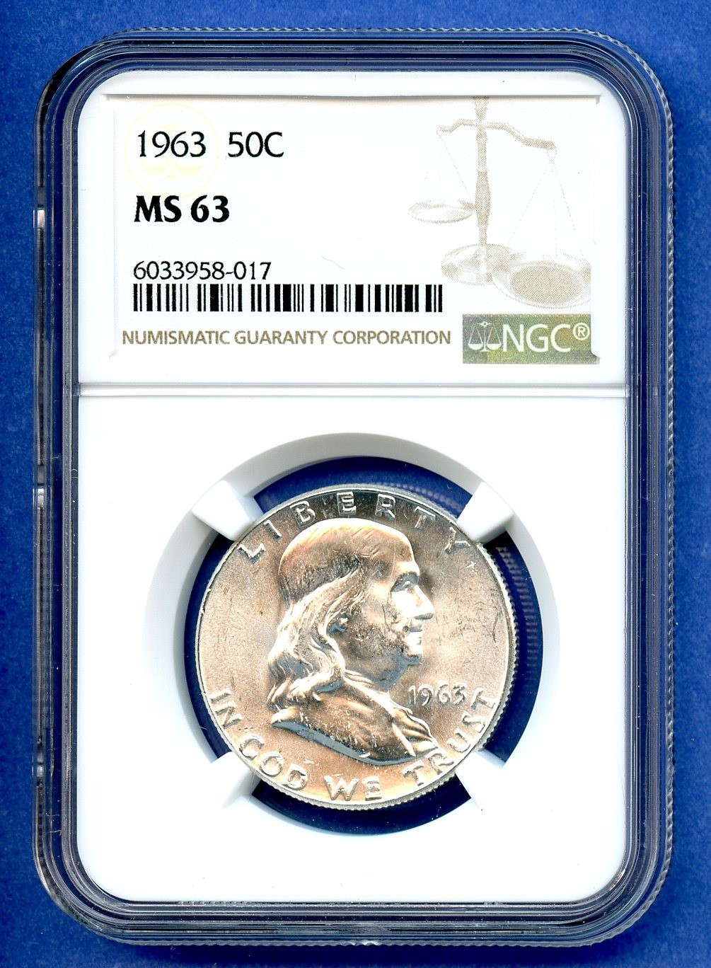 1963 P NGC MS63 Franklin Silver Half Dollar 50c US 1963-P MS-63 Blast White