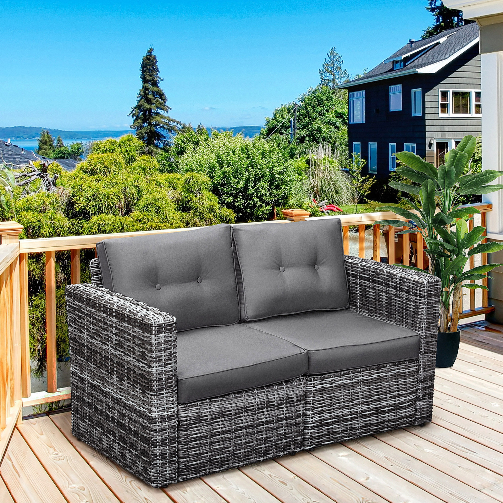 2-Piece Outdoor PE Rattan Wicker Patio Corner Sofa Loveseat w/Cushions, Grey