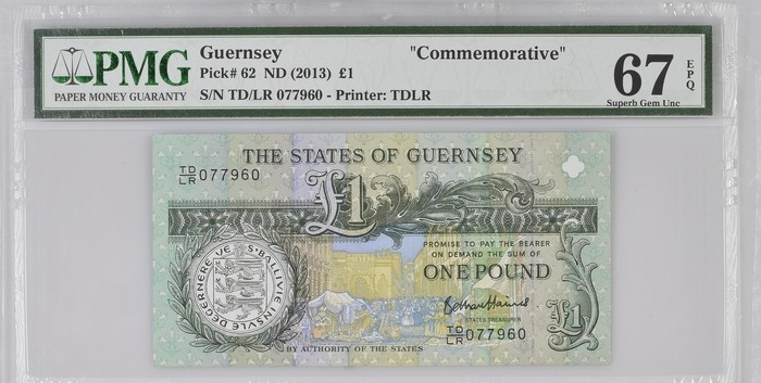 Guernsey 1 Pound ND(2013) P62 UNC - Commemorative / PMG Superb GEM67EPQ TOP POP