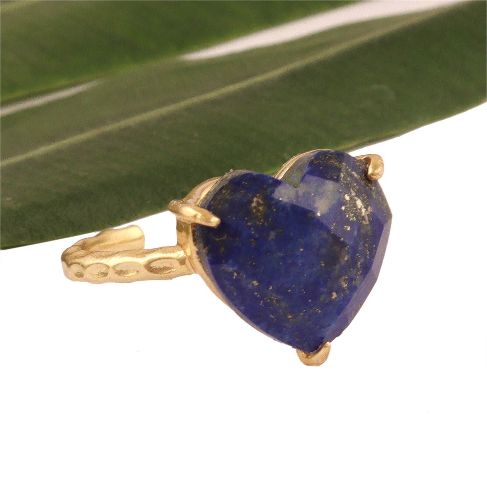 Lapis Lazuli Heart Chekar Cut Gold Plated Prong Set Adjustable Ring Gemstone