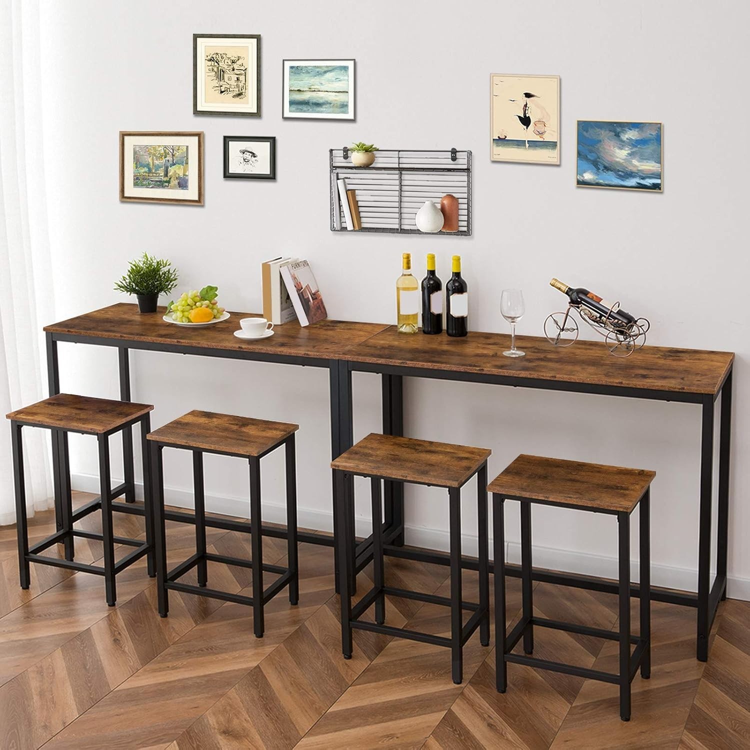 Rustic Brown Bar Table Set 3-Piece Industrial Pub 47.2" Rectangular Stools
