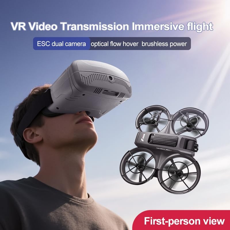 VR FPV Hobby Drone with Goggles, Optical Flow Positioning, Dual Black