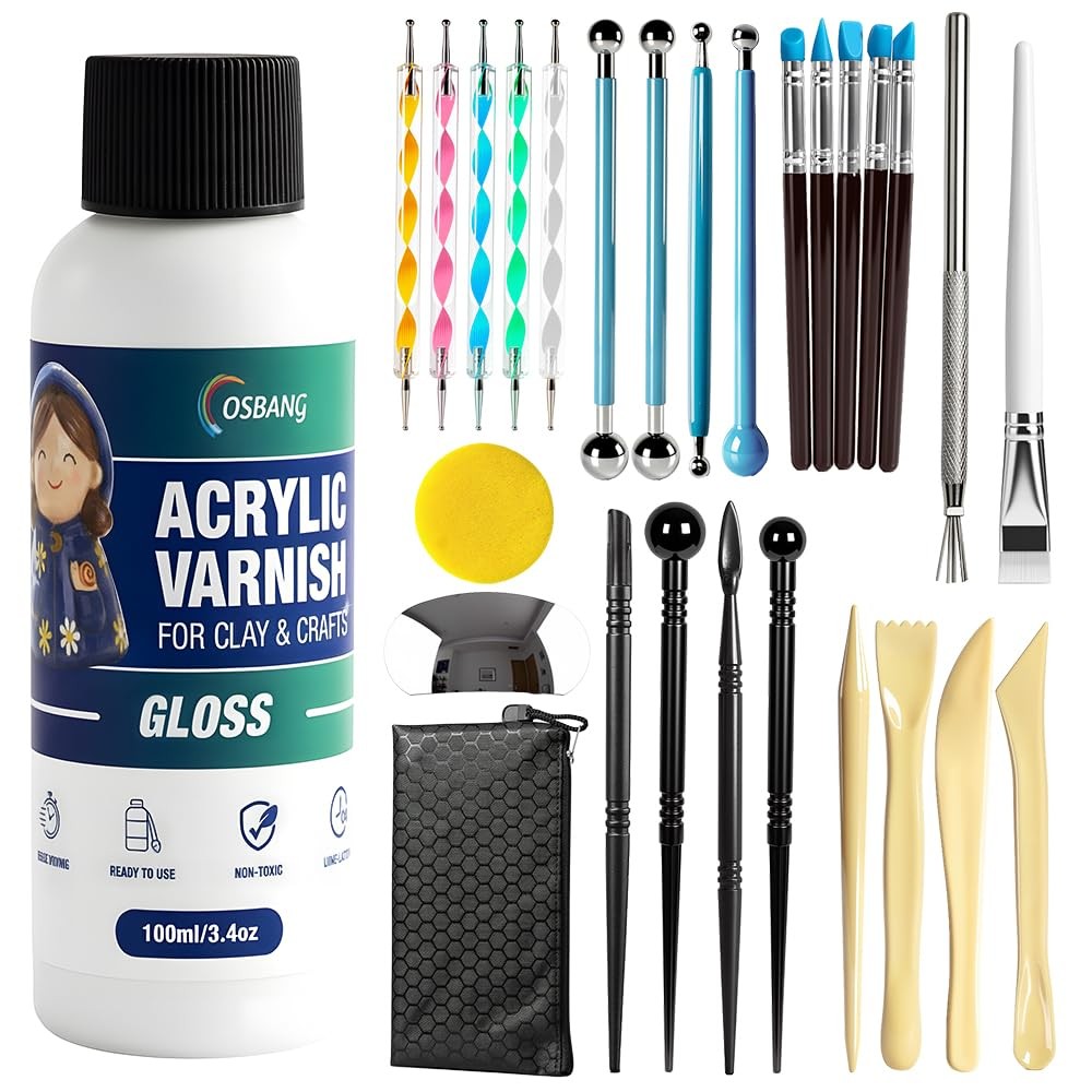 Dry Clay Glaze and Tools Kit, 100ml Gloss Clear Varnish with 29-Piece Clay Sc...