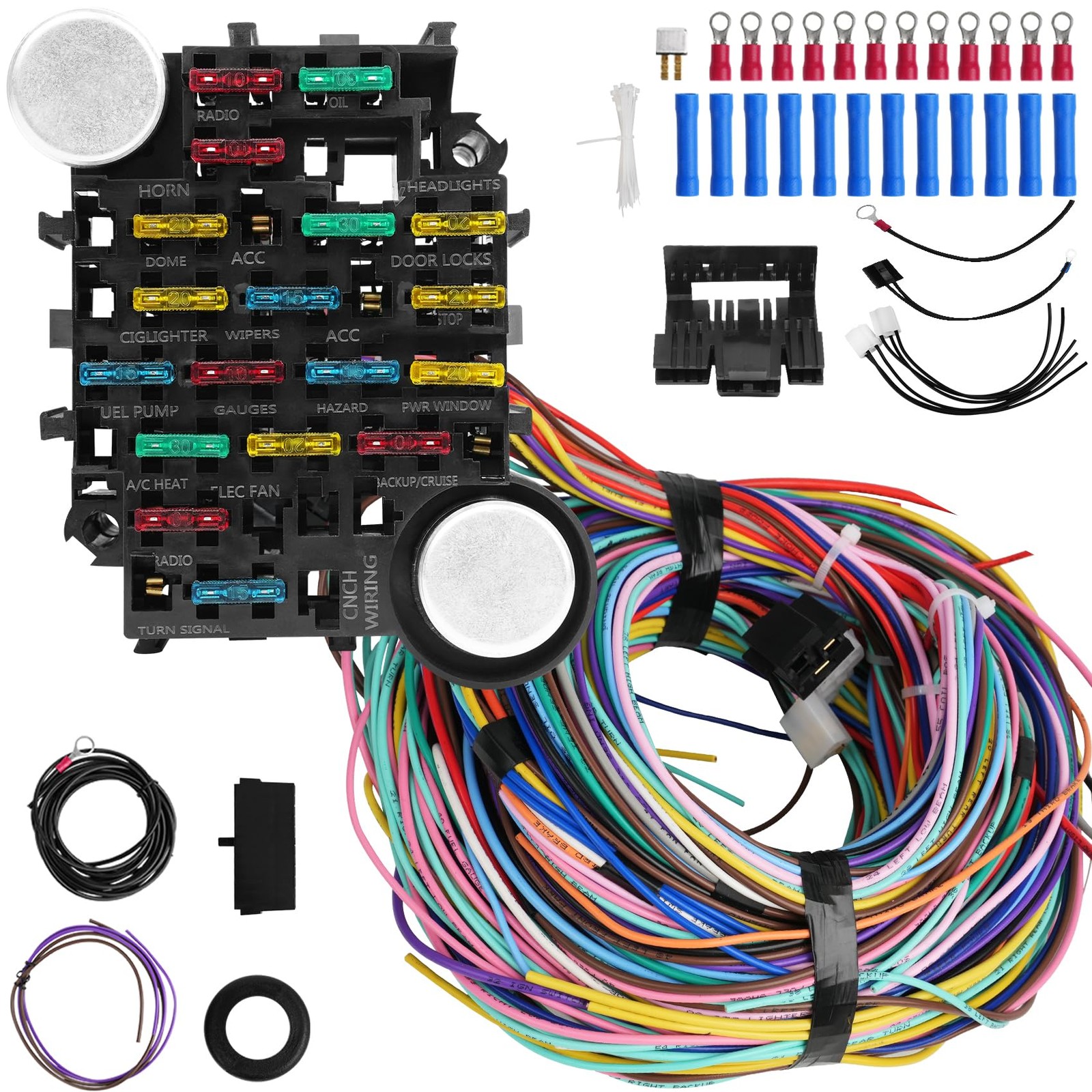 Universal 21-Circuit Wiring Harness Kit, Extra Long Wire, 17 Fuses, GM Chevy