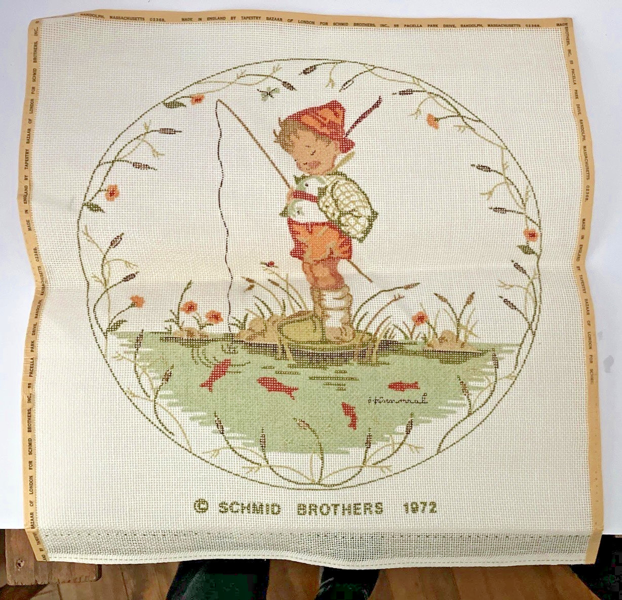 VTG Tapestry Bazaar Schmid Bros 1972 HUMMEL BOY FISHING 14 ct Needlepoint Canvas