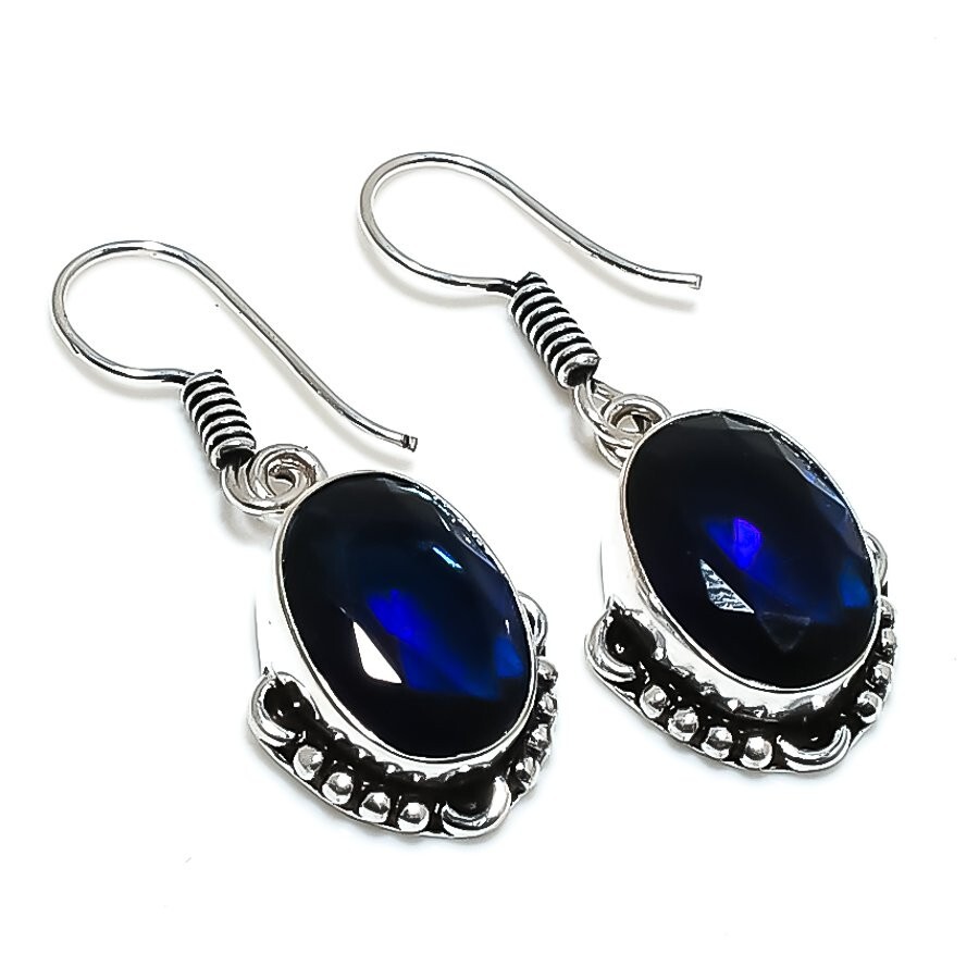 Blue Tanzanite Gemstone Handmade 925 Sterling Silver Jewelry Earring Sz 1.2"