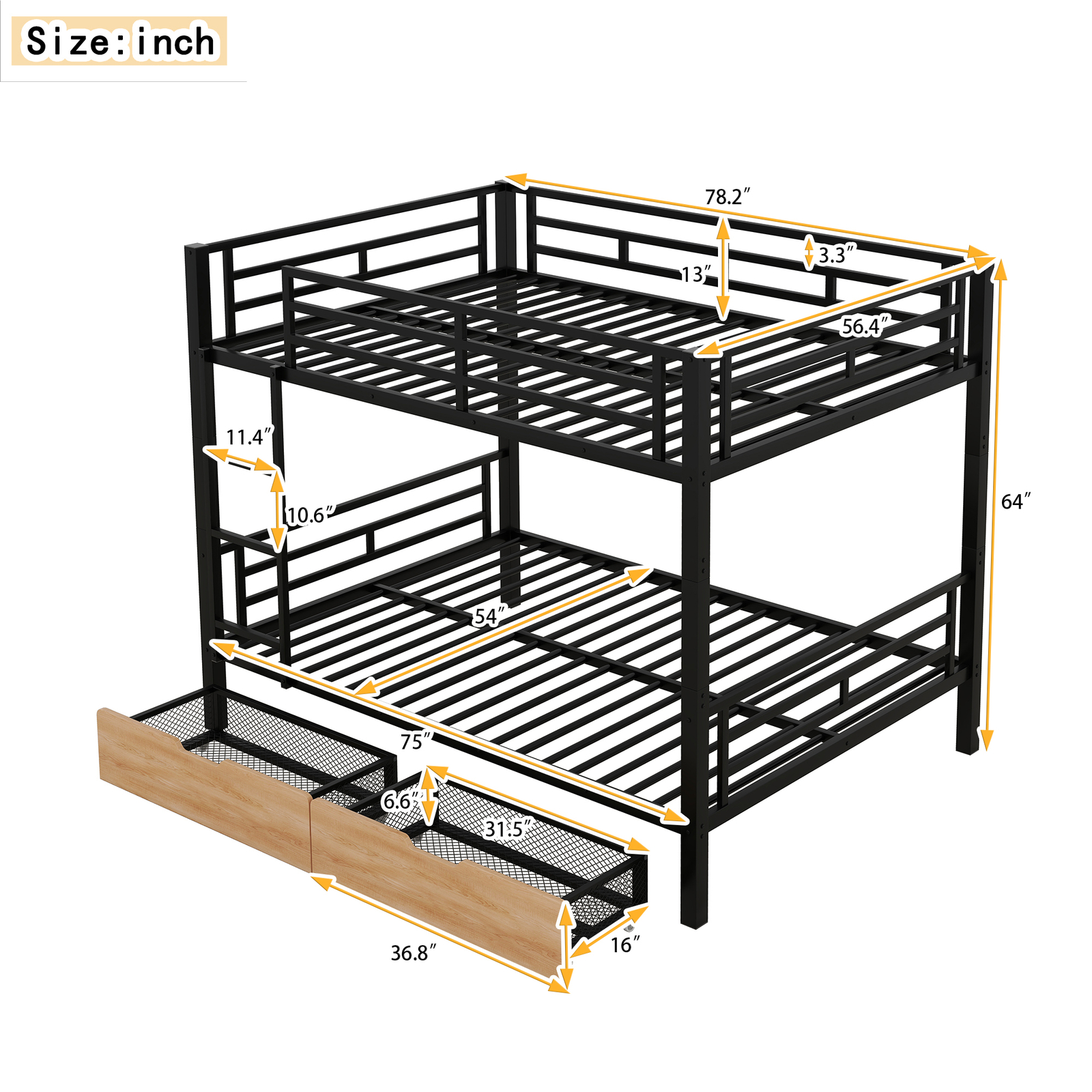 Metal Bed Frame Full Size Convertible Bunk Bed with 2 Drawers for Bedroom Black