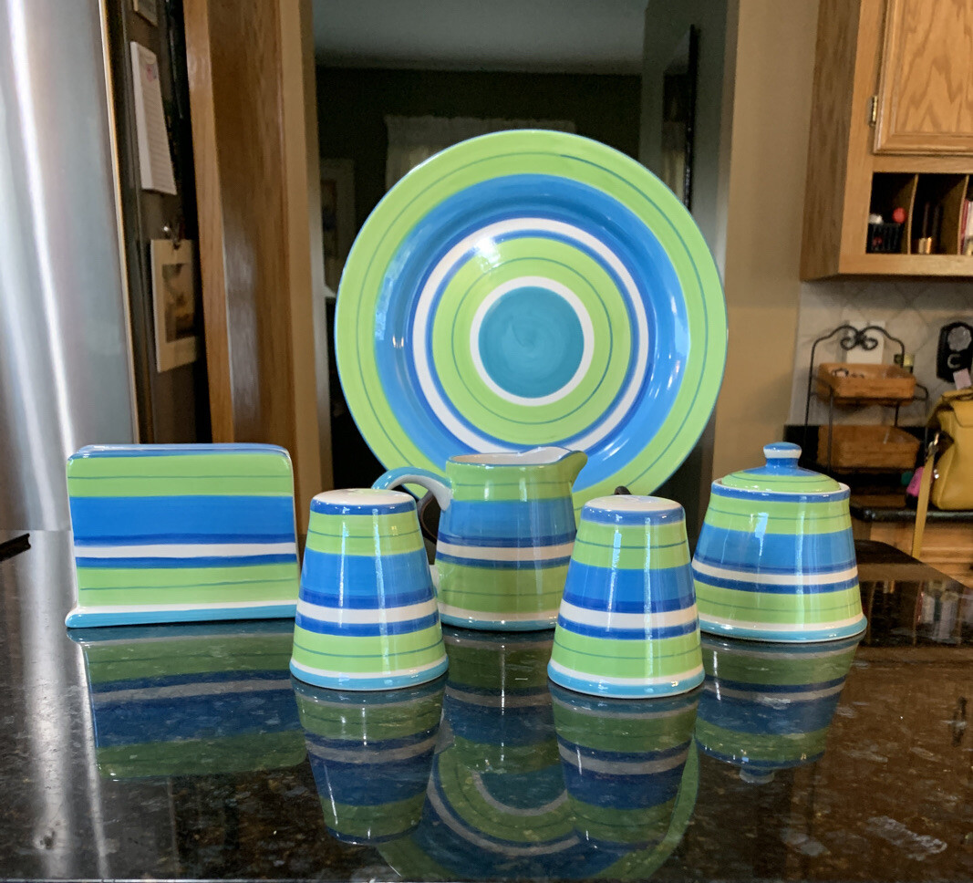 6 Pieces Indoor Outfitters Over & Back Green/Blue Striped Kitchenware