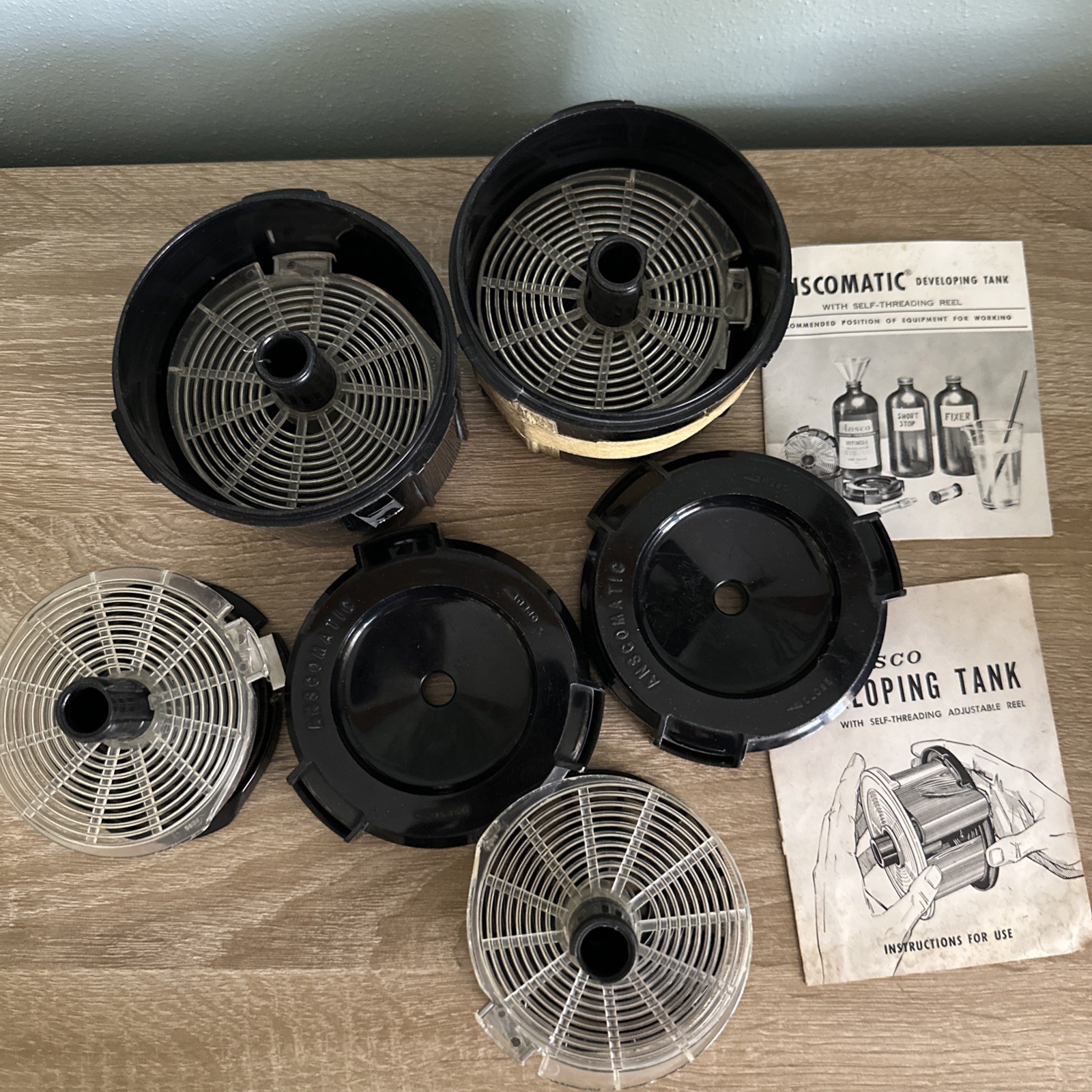 Vintage Ansco 35mm Film Developing Tanks (2) & Reels (4) D Paper Inserts