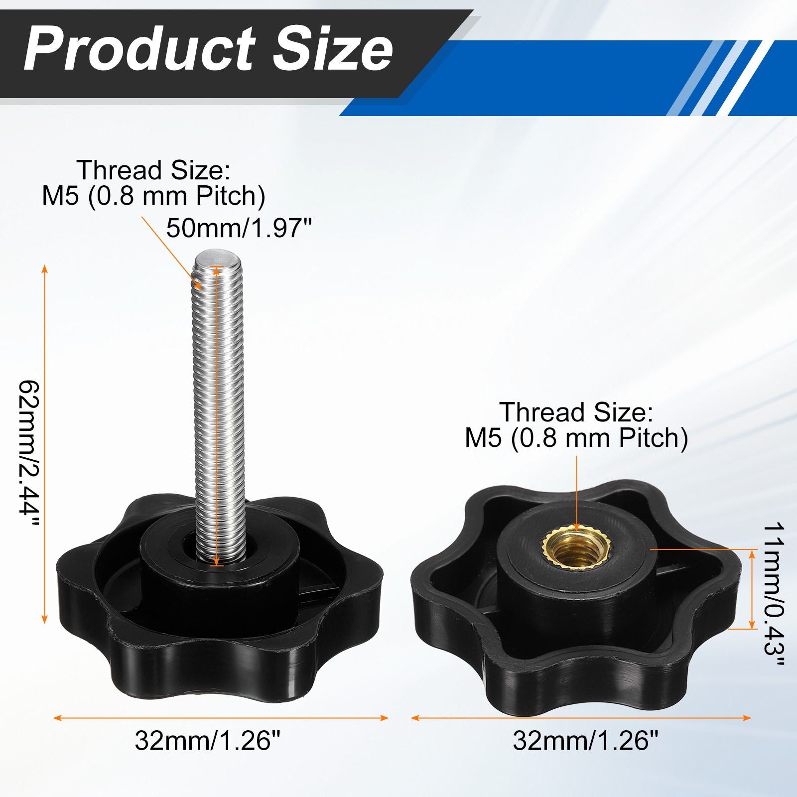 2 Set Star Knobs M5 x 50mm Male + M5 Female Thread 32mm Head Handles, Black