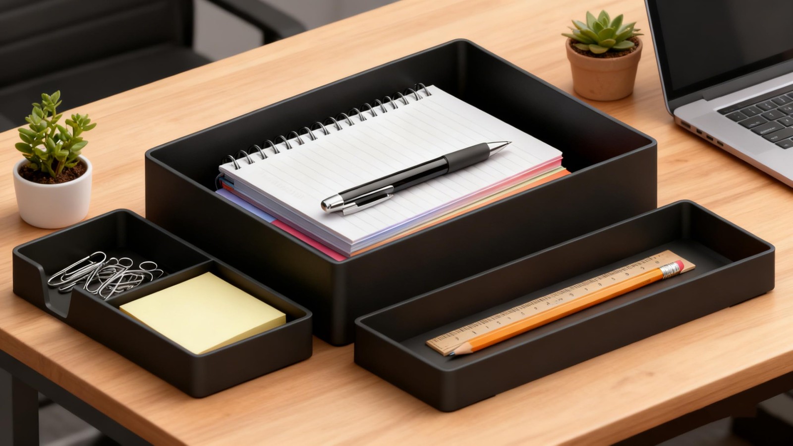 3 Piece Plastic Desk Organizer Tray Bundle Black Durable Hard Plastic