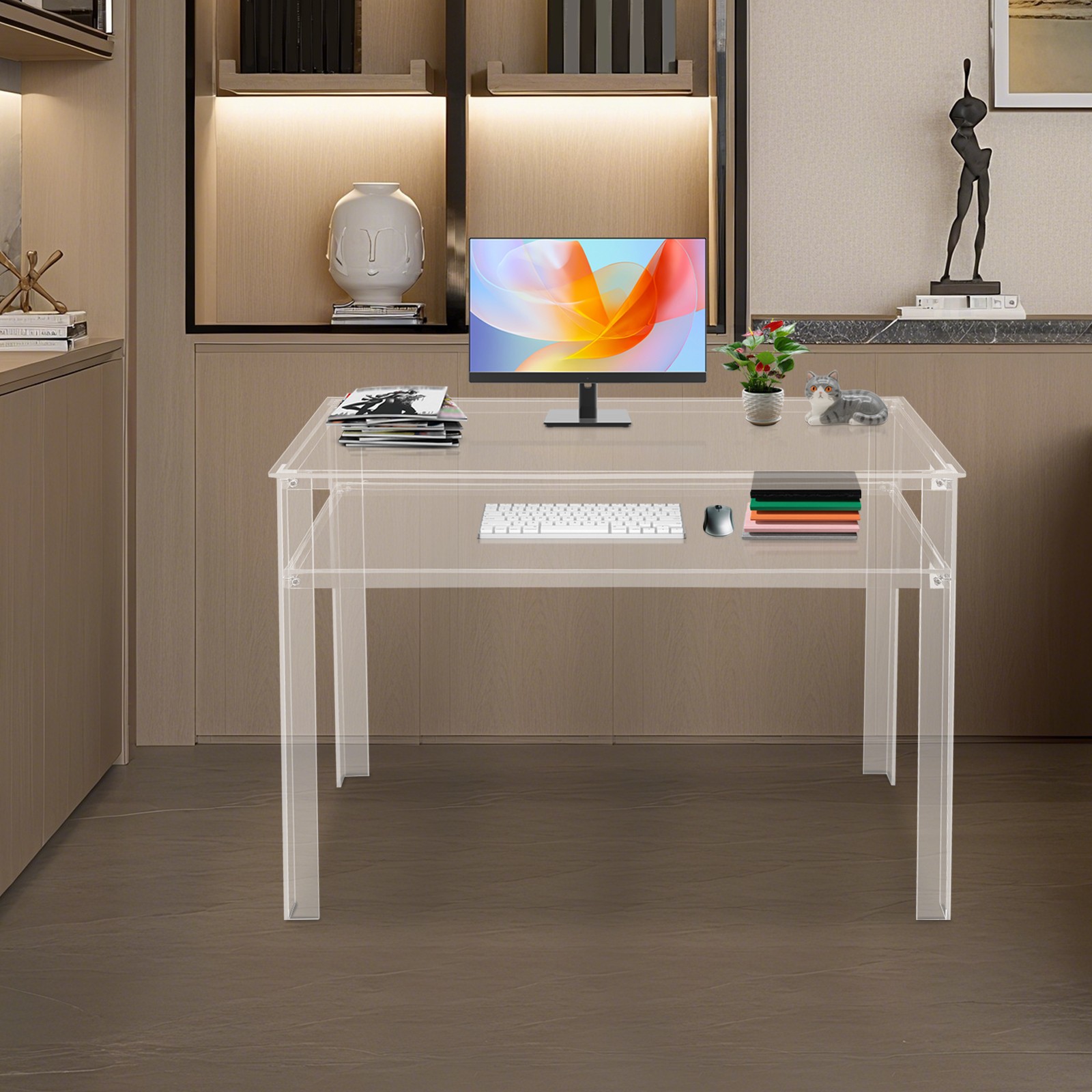 Clear Acrylic Desk 2Tiers Desk Laptop Study Table Modern Clear Desk FreeStanding