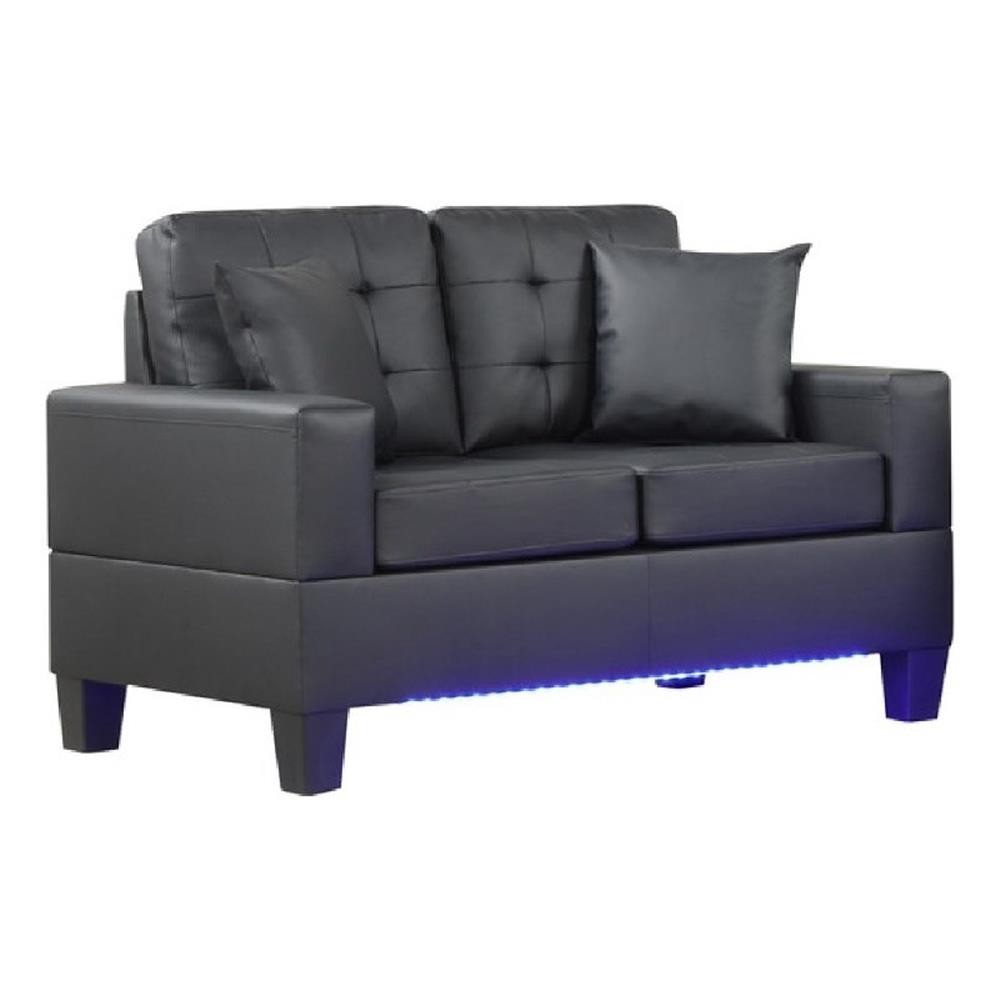 Iris Loveseat w 2 Pillows- LED- USB Ports- Black Faux Leather- 56 Inch
