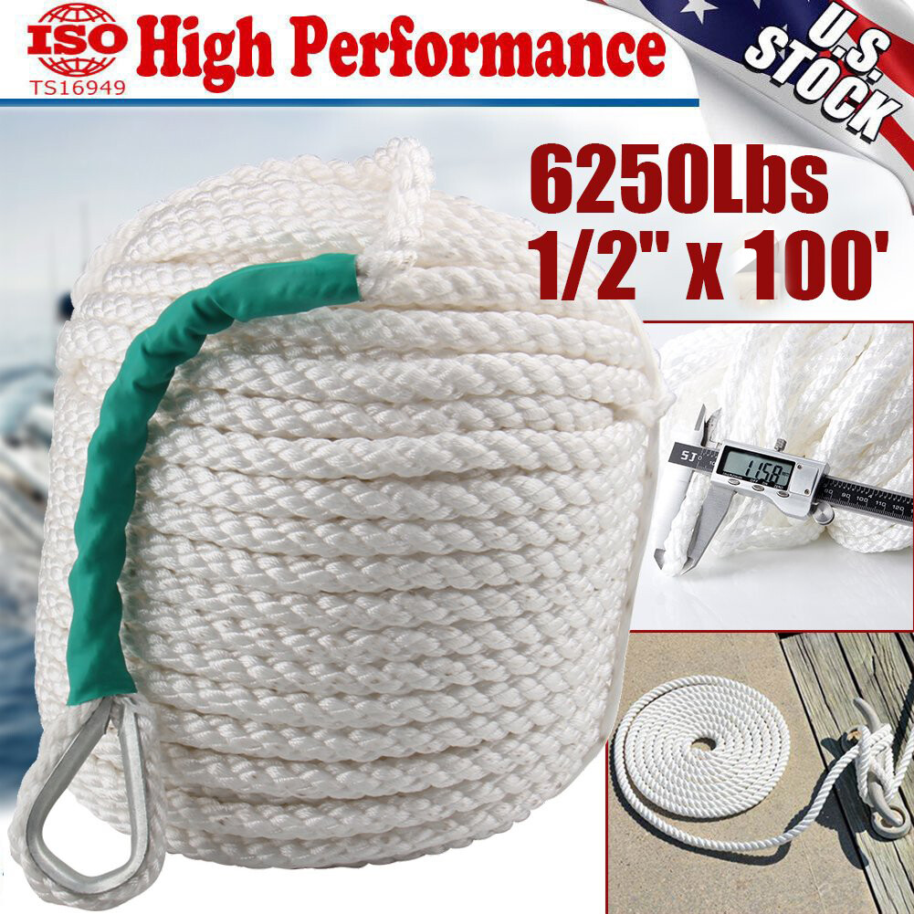 1/2"x100' Twisted 3 Strand Nylon Anchor Rope Boat w/Thimble Rigging Line 6250LBS