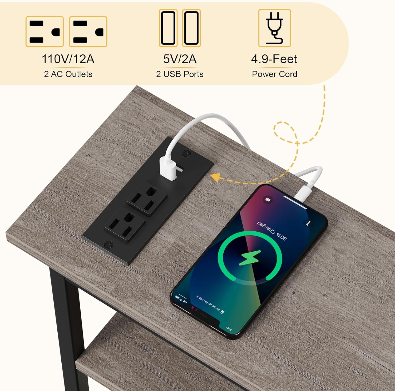 Snughome Narrow Side Table with Charging Station, Slim End for Grey