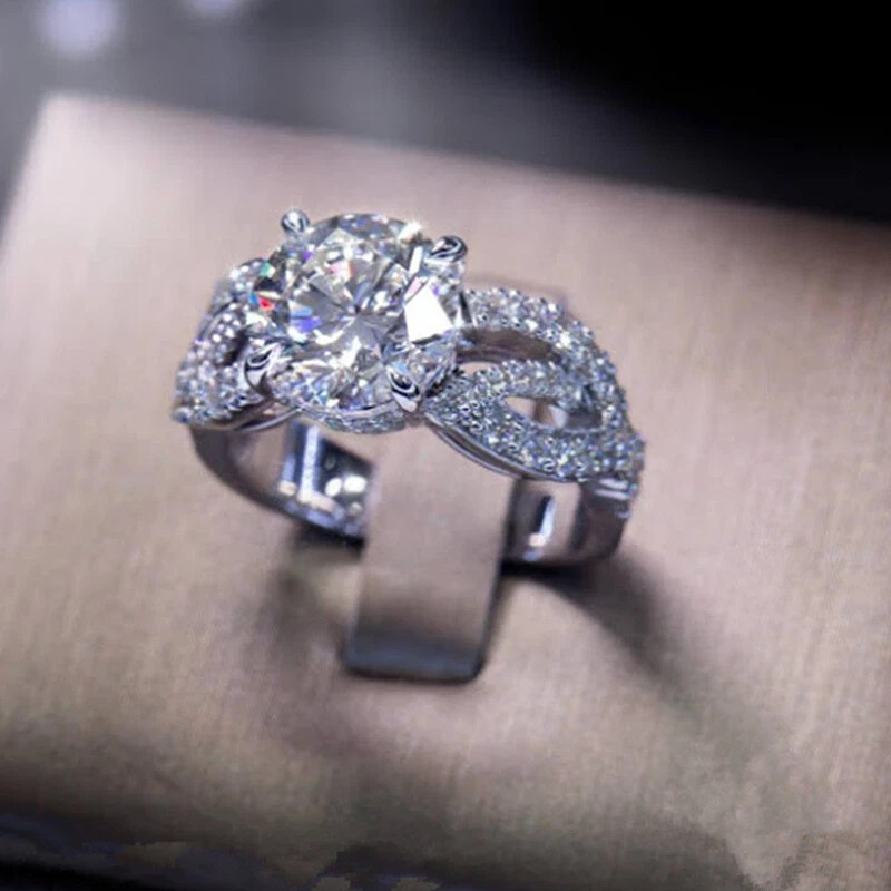925 Sterling Silver Crystal Zircon Round Rings Womens Classic Engagement Ring