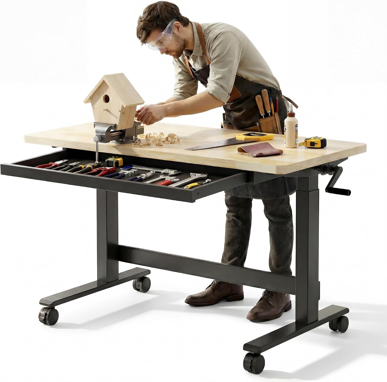 Adjustable Height Workbench 47.2" x 23.6" Garage Work Table W/ Hand Crank Drawer