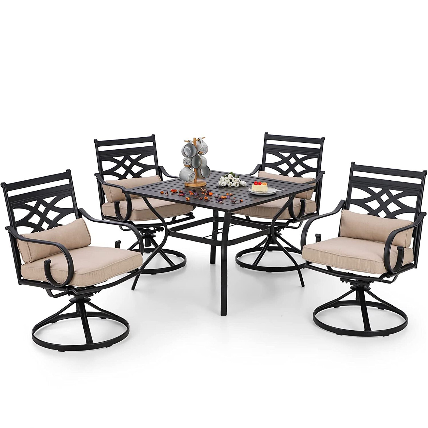 5 Piece Outdoor Patio Dining Set Furniture w/ Metal Square Table 4 Swivel Chairs