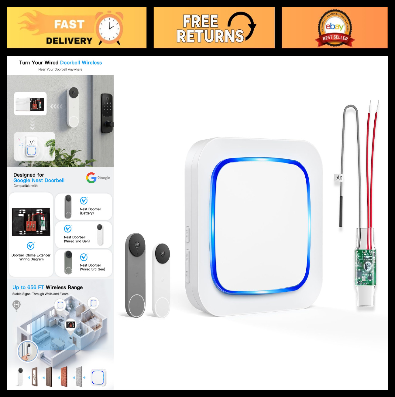 Wireless Doorbell Chime Extender for Nest - 58 Chimes, 5 Volume Levels, Hardwire