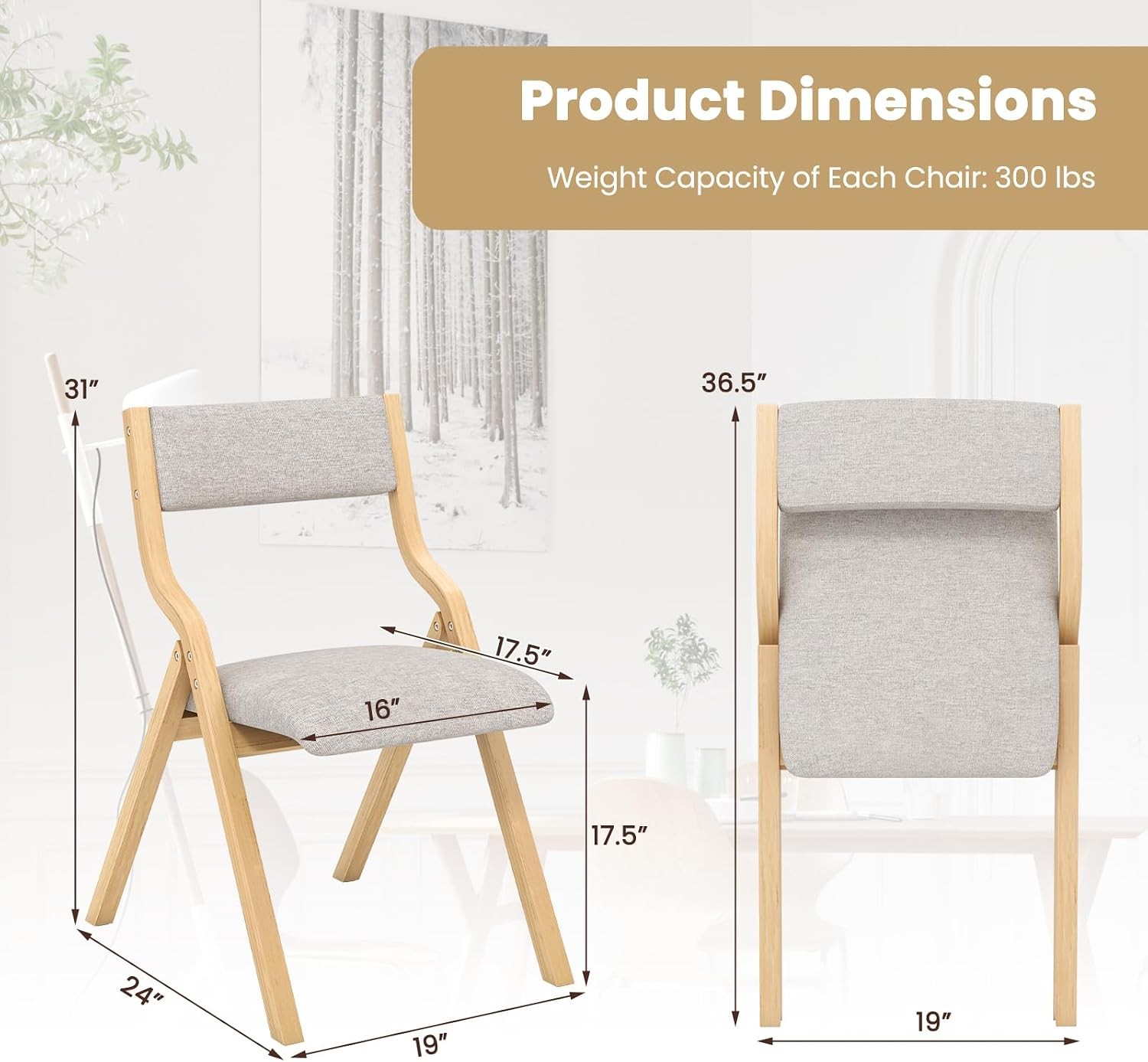 No Assembly Folding Dining Chairs Set of 2 Kitchen Chairs with Linen Padded