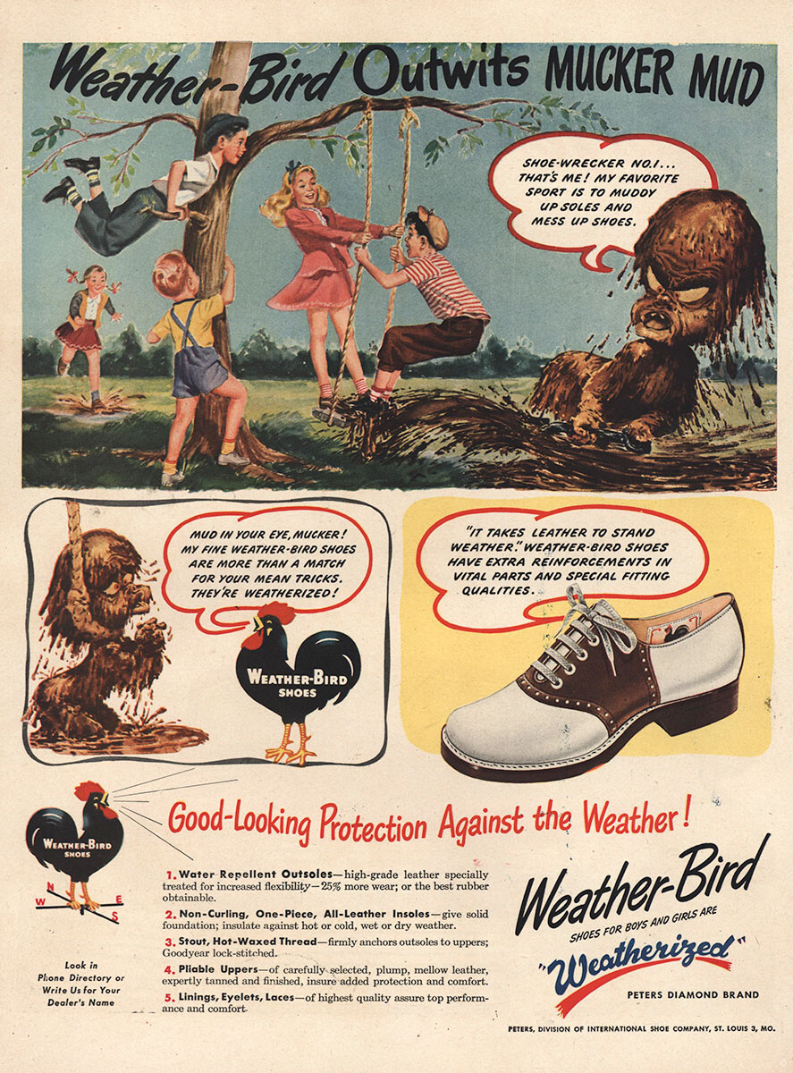 1946 Weather Bird Shoes: Outwits Mucker Mud Vintage Print Ad