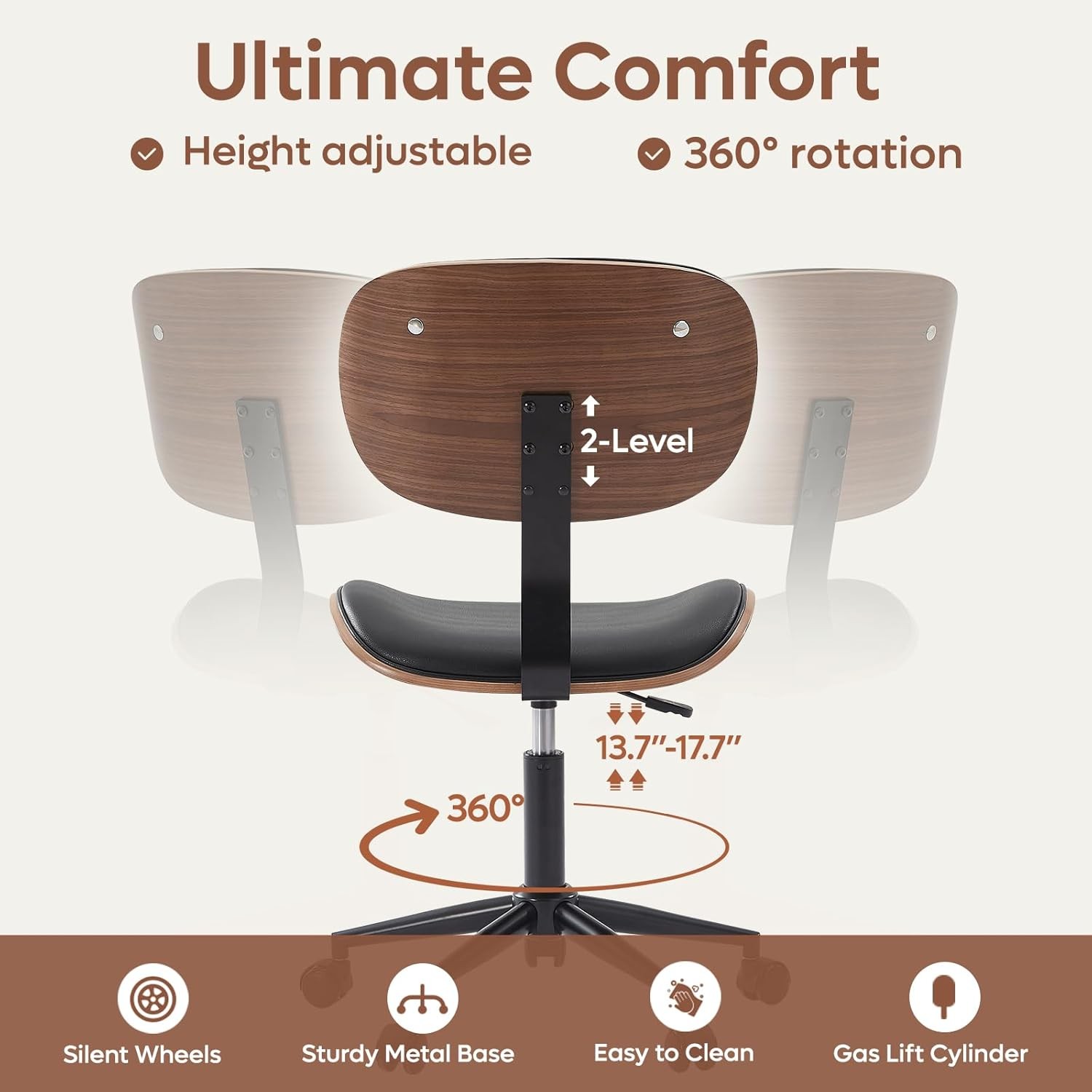 Small Office Chair W/ Bentwood Back Support Armless Desk Chair W/ 360° Swivel