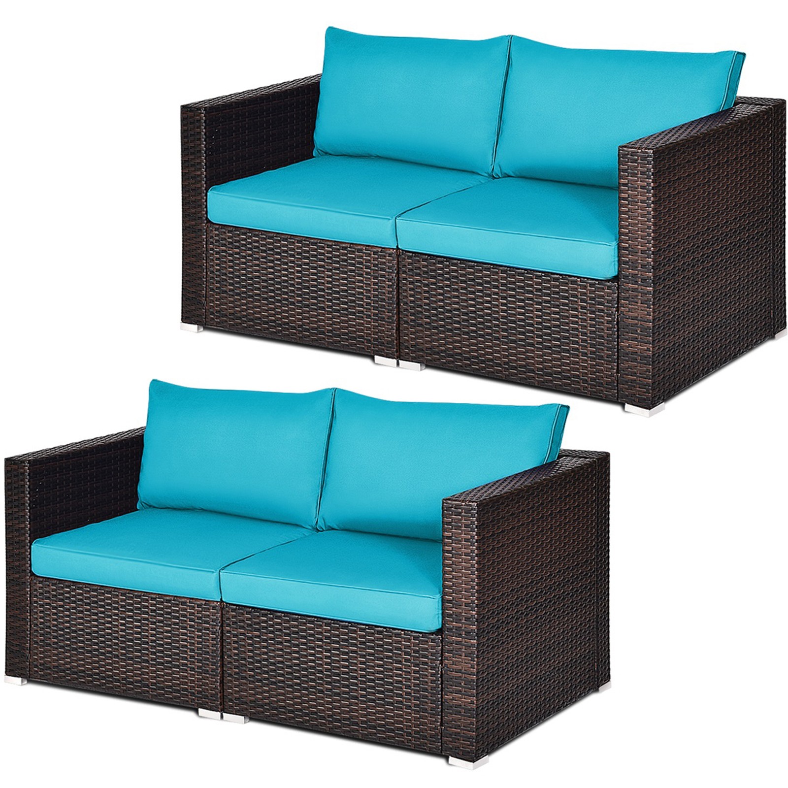 4PCS Rattan Corner Sofa Set Patio Outdoor Furniture Set w/ Blue Cushions