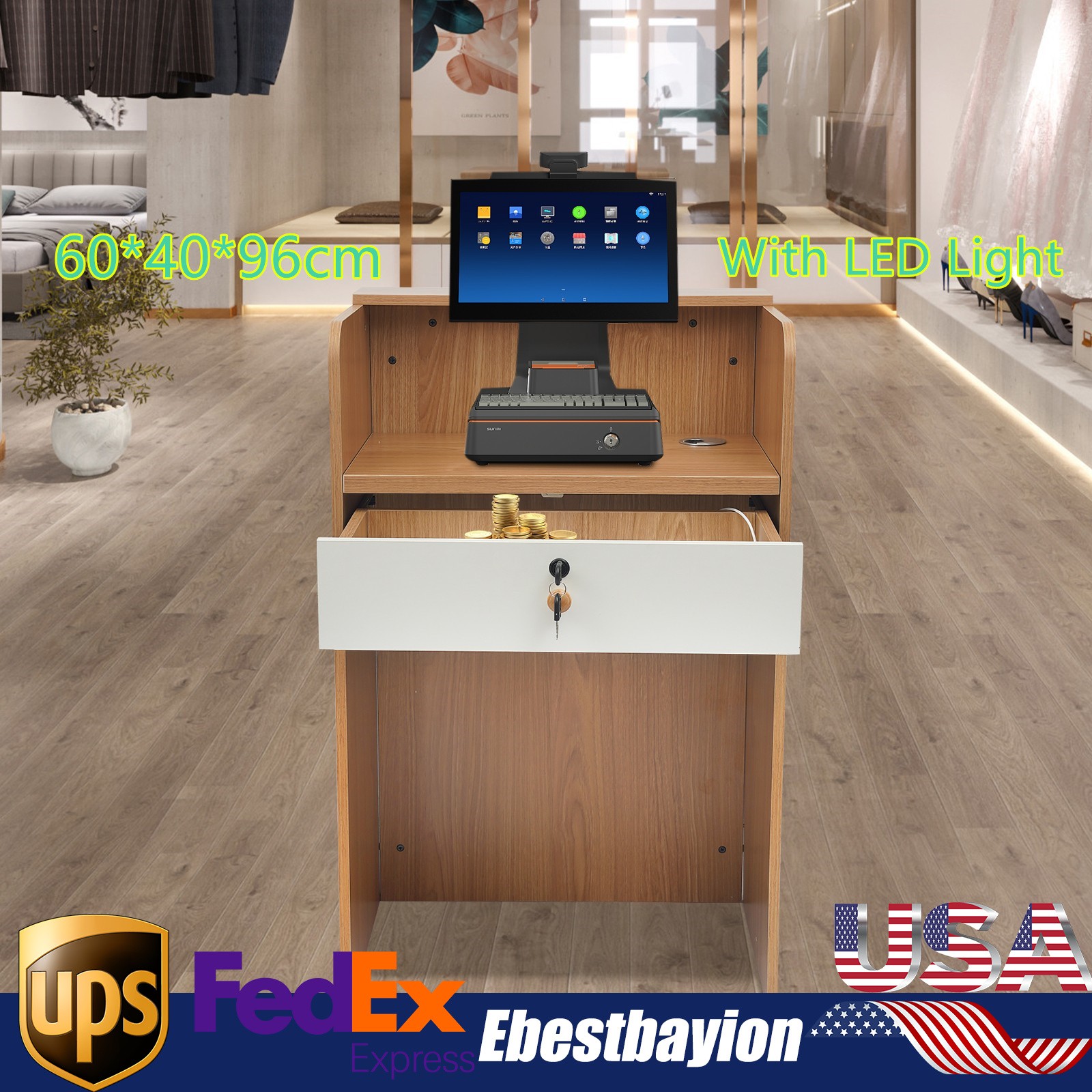 Reception Desk with LED Light Checkout Counter Table w/ Storage Drawer Store Use