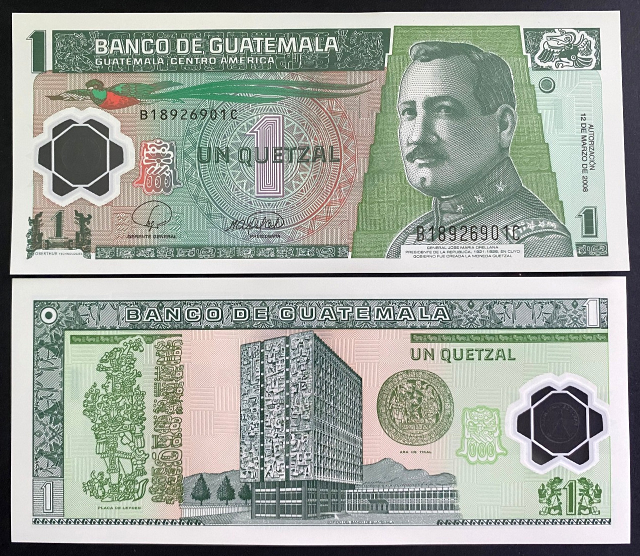 Guatemala 1 Quetzales 2008 Polymer Banknote World Paper Money UNC Currency Bill