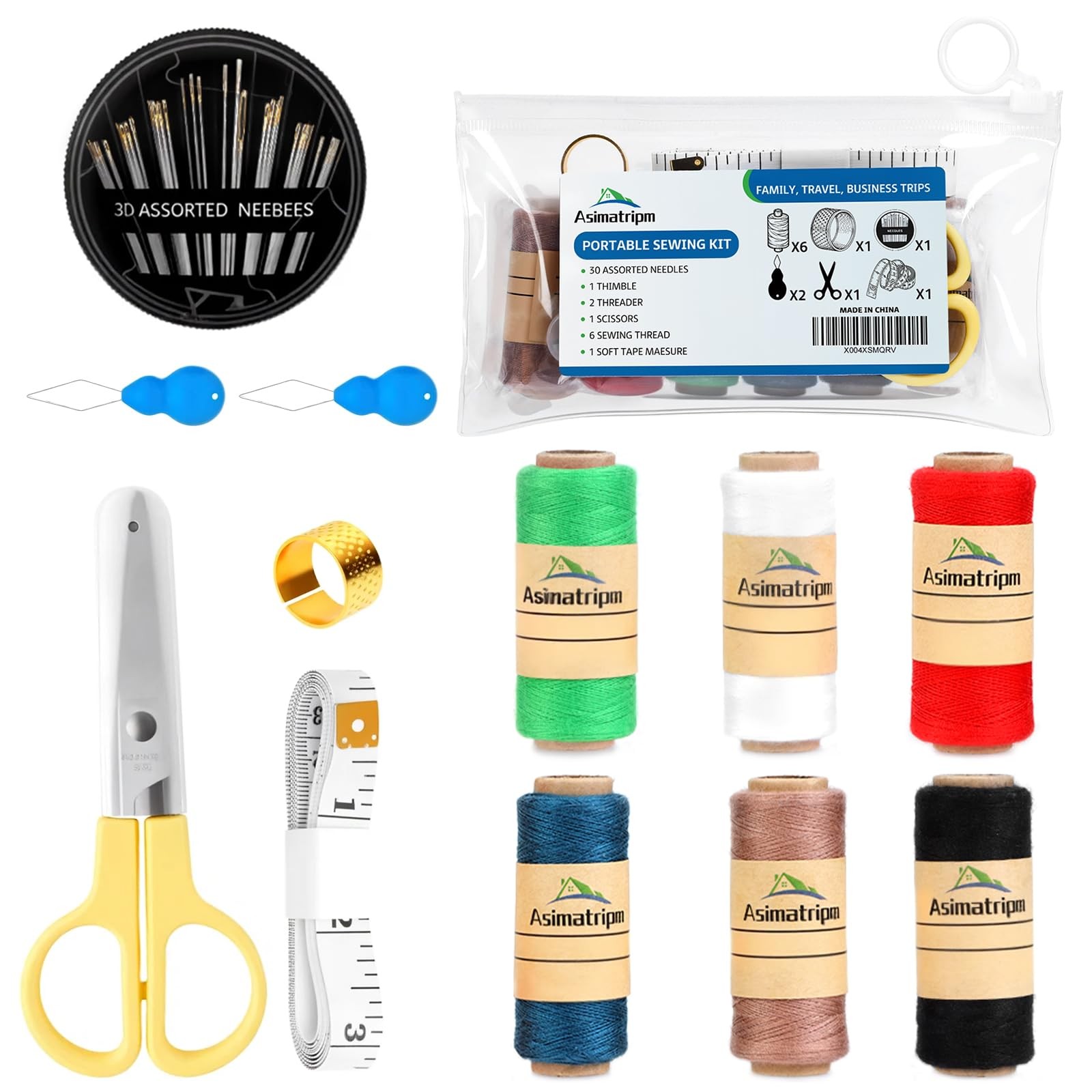 Asimatripm Sewing Kit, Supplies, white, black, green, red, blue, khaki