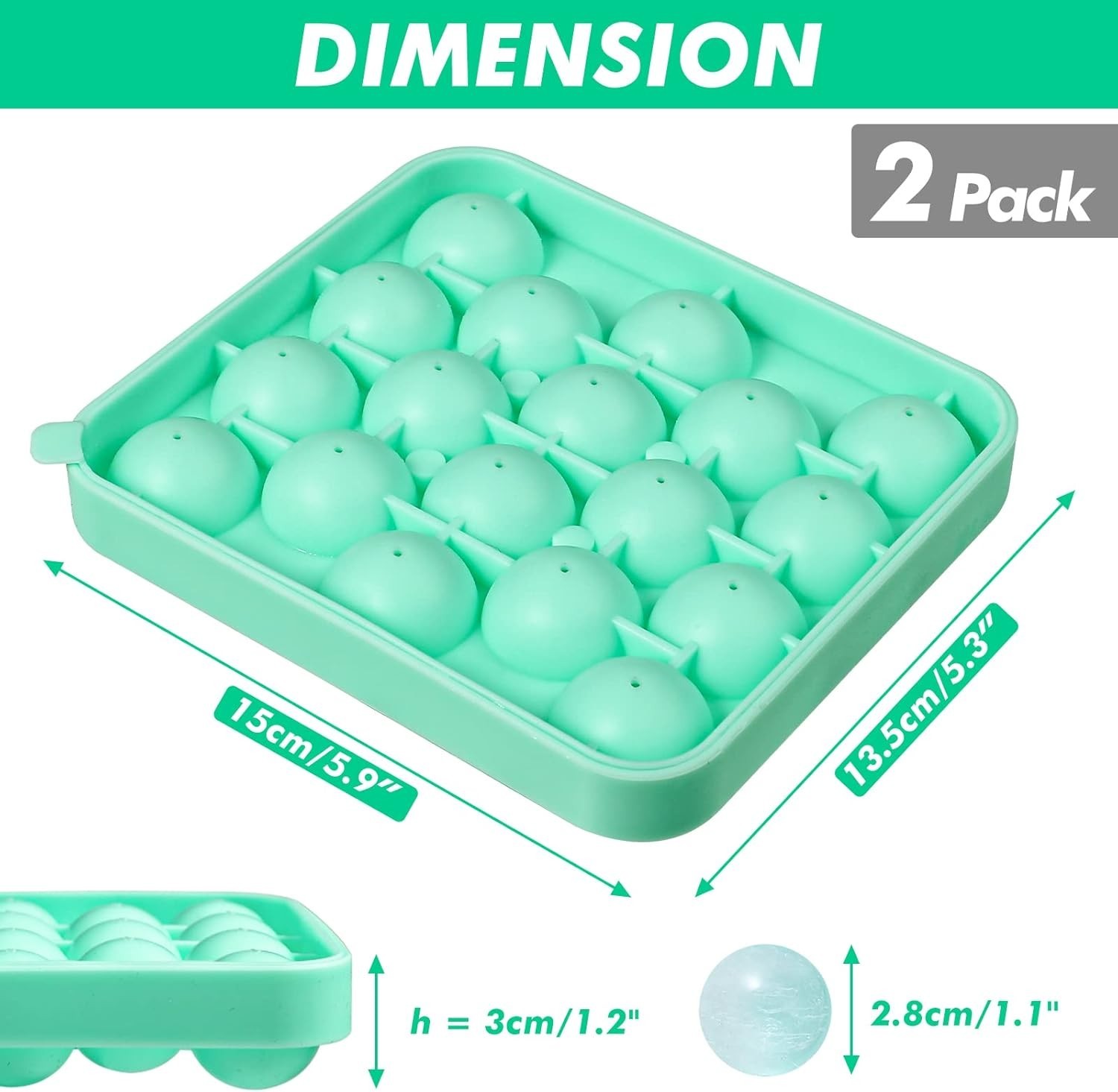 2 Pack Silicone Round Ice Cube Molds, 1.1 Inch Ice Ball Maker Easy Release Si...