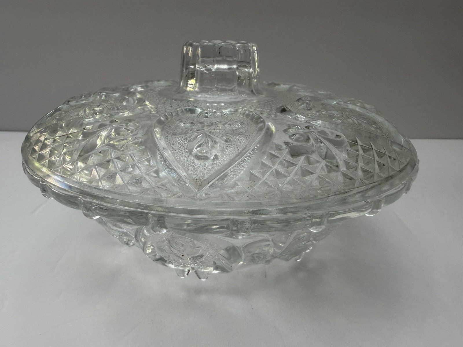 Heart & Floral Glass Candy Dish Lid 7" 1970’s KIG Malaysia
