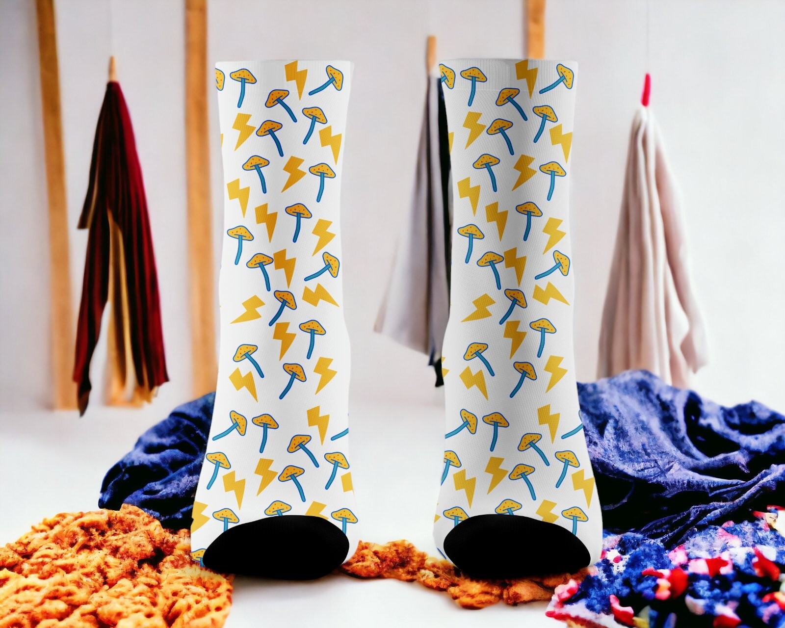 Hand-Printed Socks - Toadstool & Lightning Bolt Design - Unique Novelty One Size