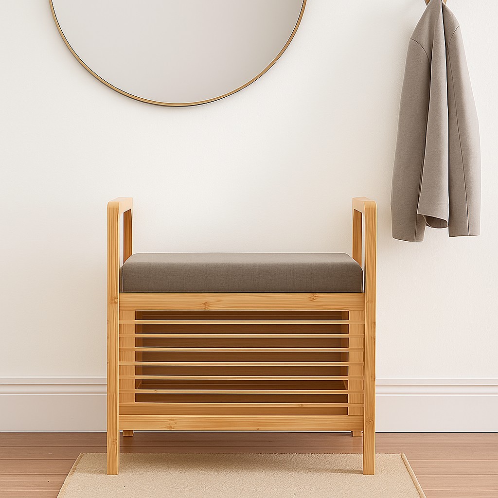 Bamboo Shoe Storage Bench with Cushion Seat, Small Entryway Organizer