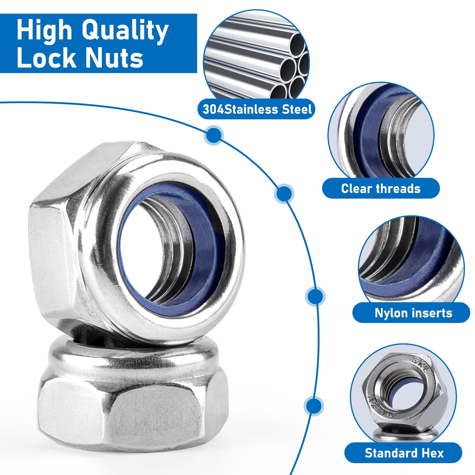 Vmuter 191pcs Metric Lock Nuts Assortment M3M12 Nylon Insert 304 Stainless Steel