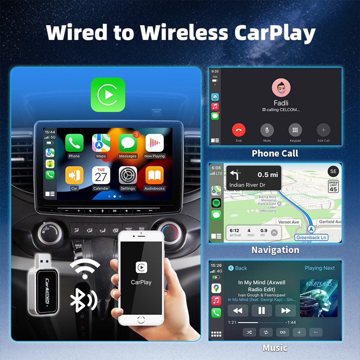 USB Wireless CarPlay Adapter For iPhone Apple Wireless Dongle Plug ＆Play Black
