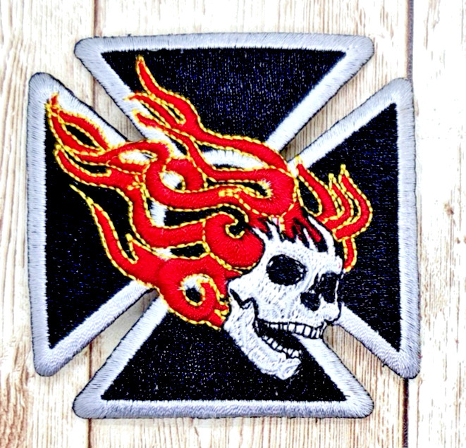 Maltese Cross & Flaming Skull Iron On Embroidered Patch 2 7/8 " X 2 7/8 "