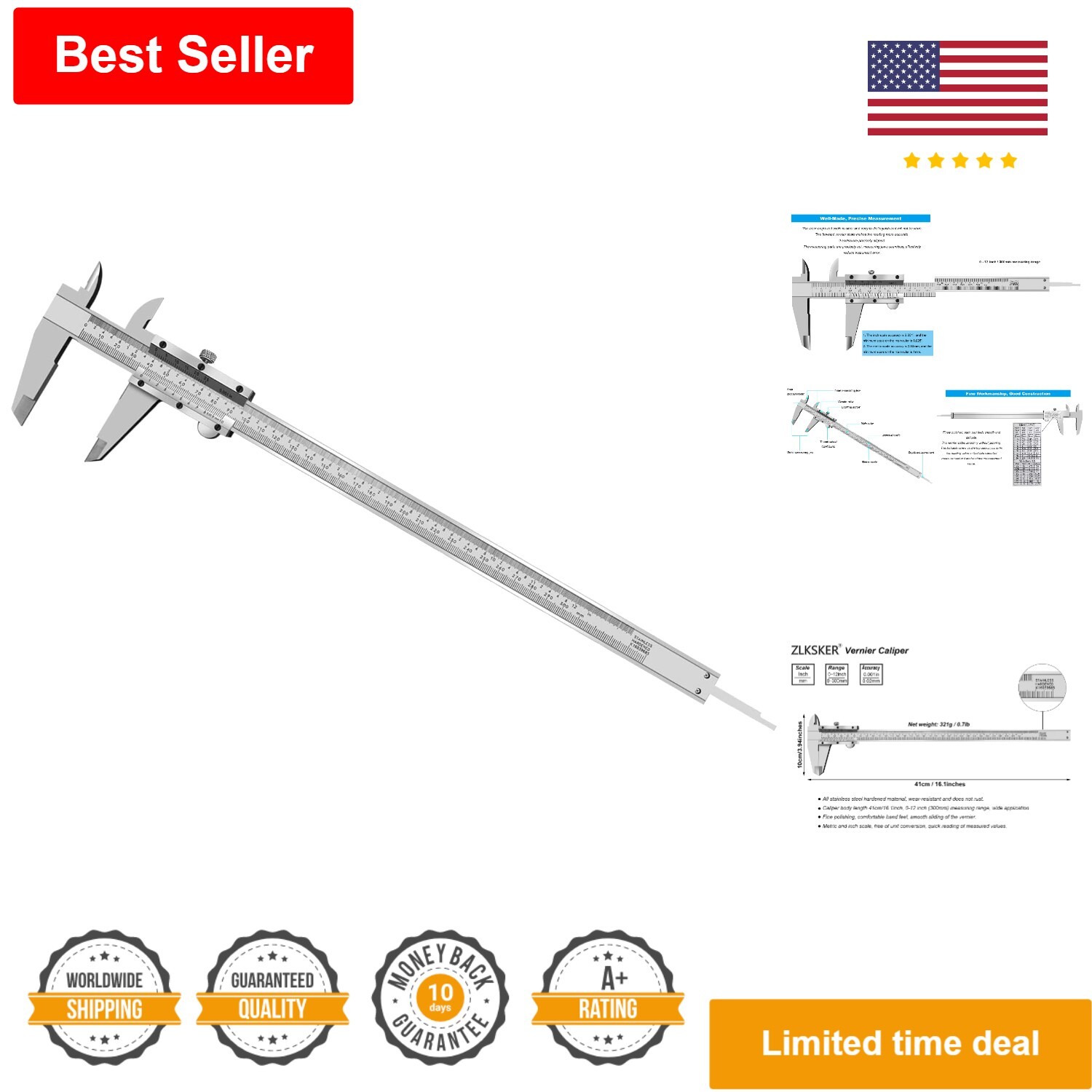Stainless Steel Vernier Caliper - 0-12 Inch Measuring Range - Precision Measu...