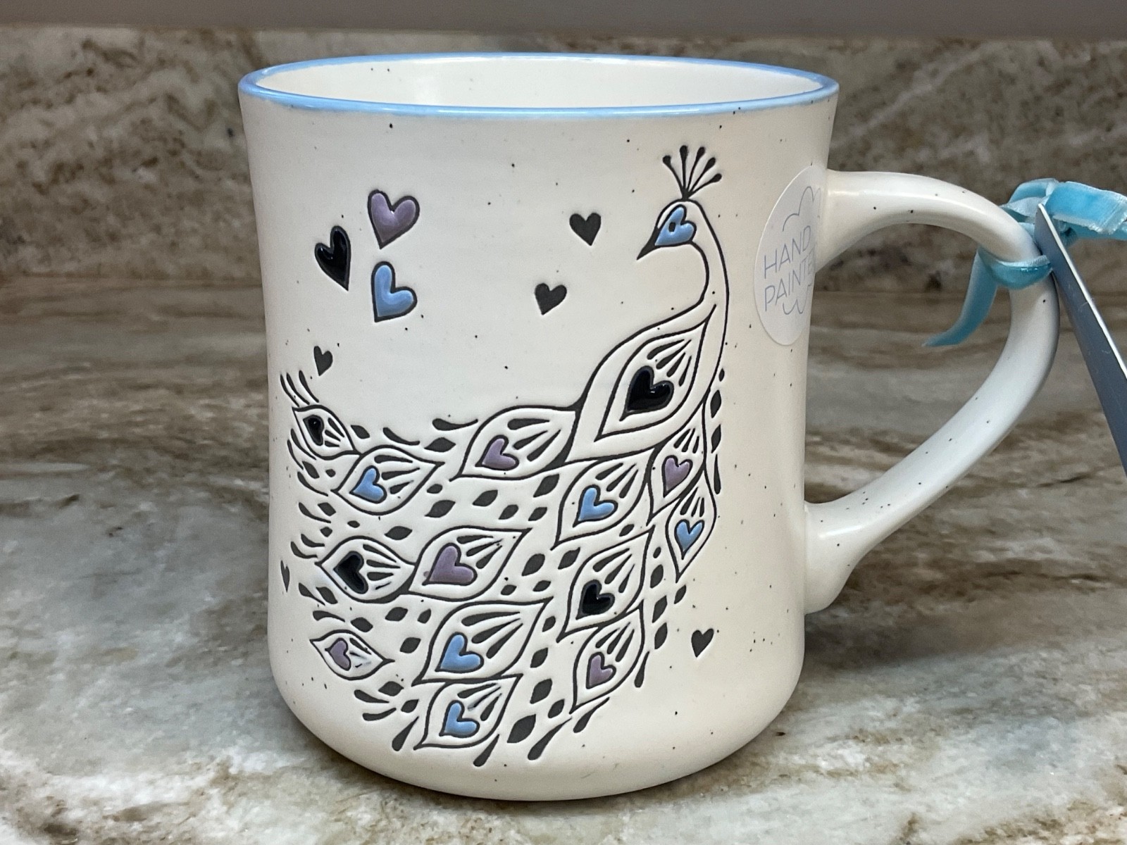 Large Coffee Mug Peacock And Hearts Blue Petals & Pearl Hand Painted New