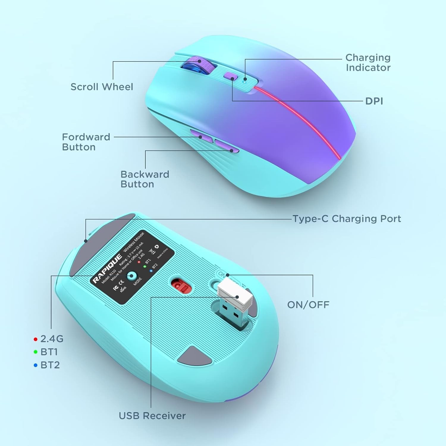 Bluetooth Wireless Mouse, Rechargeable Slient Multi-Device Computer Mice (Tri-Mo