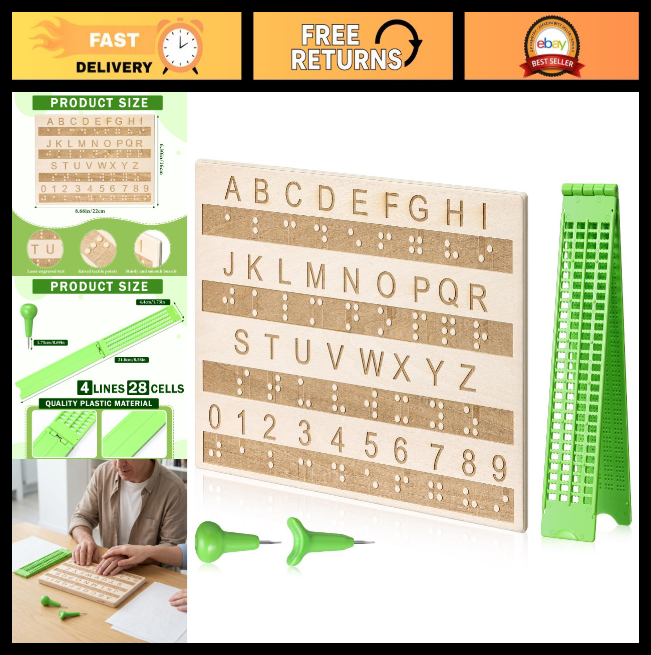 Braille Slate & Stylus Kit - 4-Line 28 Cells Writing Tool, Alphabet Board, Label