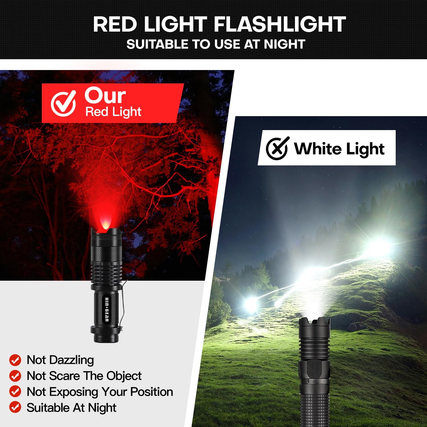 HinsGEAR 2 Pack Red Flashlight LED Single Mode Light 1 2 Pack, Black