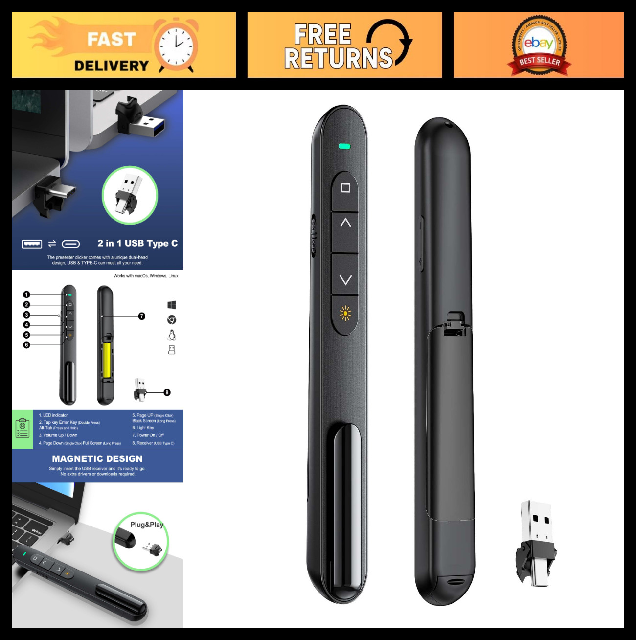 Wireless Presentation Clicker with Volume Control - USB Remote for PowerPoint, M