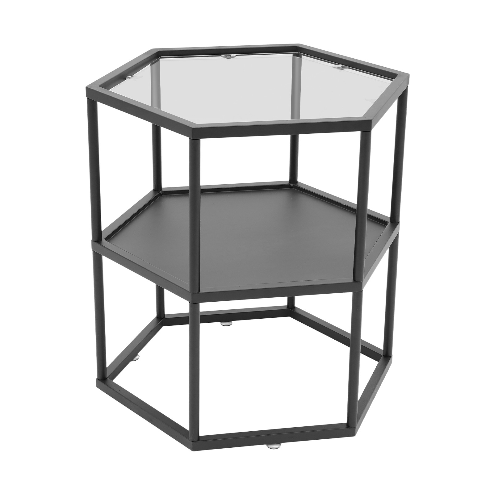 Modern Side Table, Hexagonal Side Table, Iron Side Table with 2-Tier Storage She