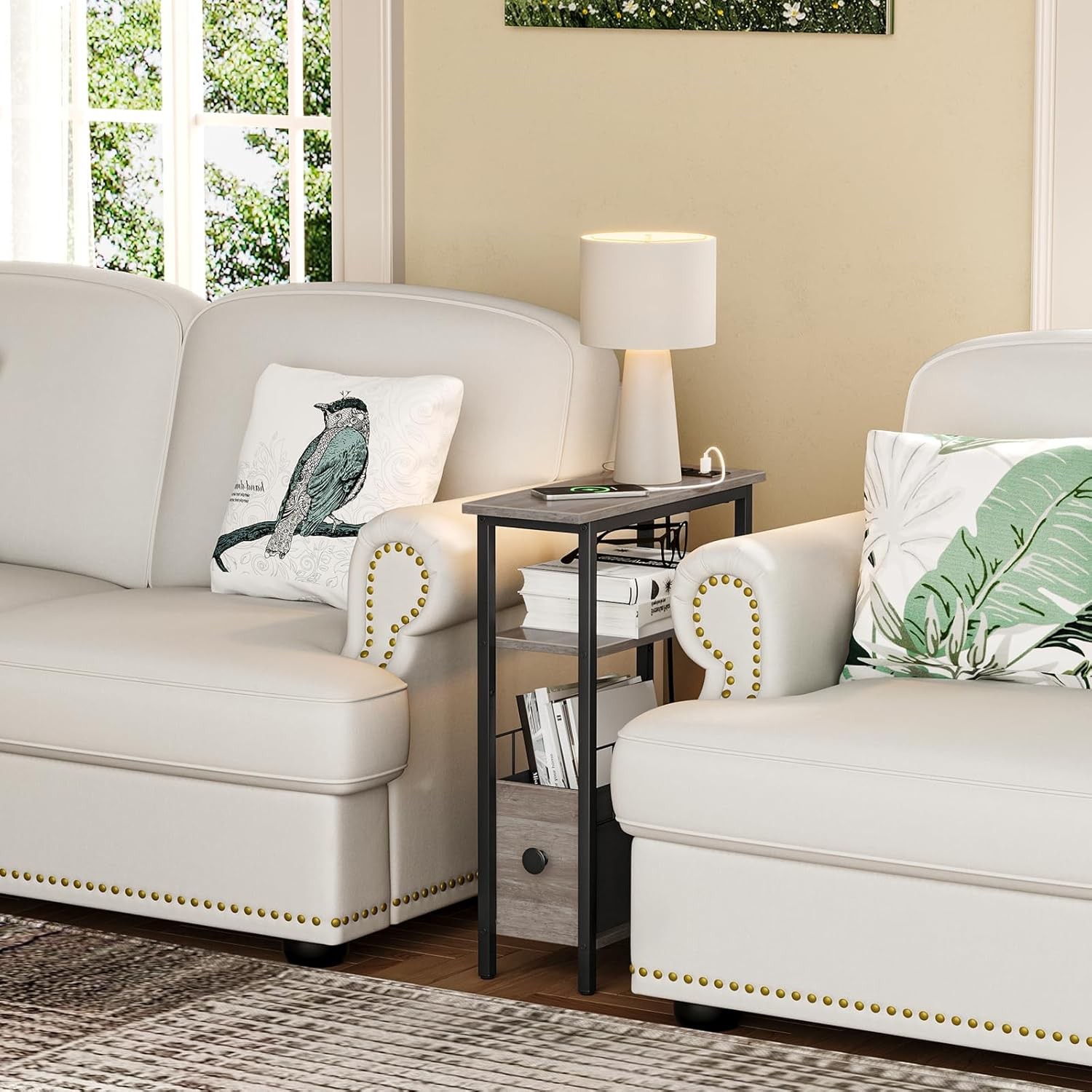 Snughome Narrow Side Table with Charging Station, Slim End for Grey