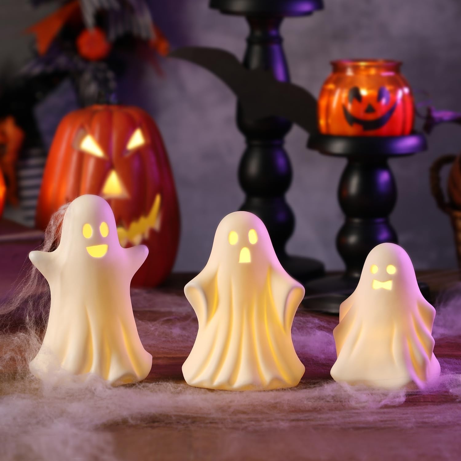 Halloween Ghost Decorations - 3 Pcs Gothic Ceramic Ghost Light Up Decor, Whit...
