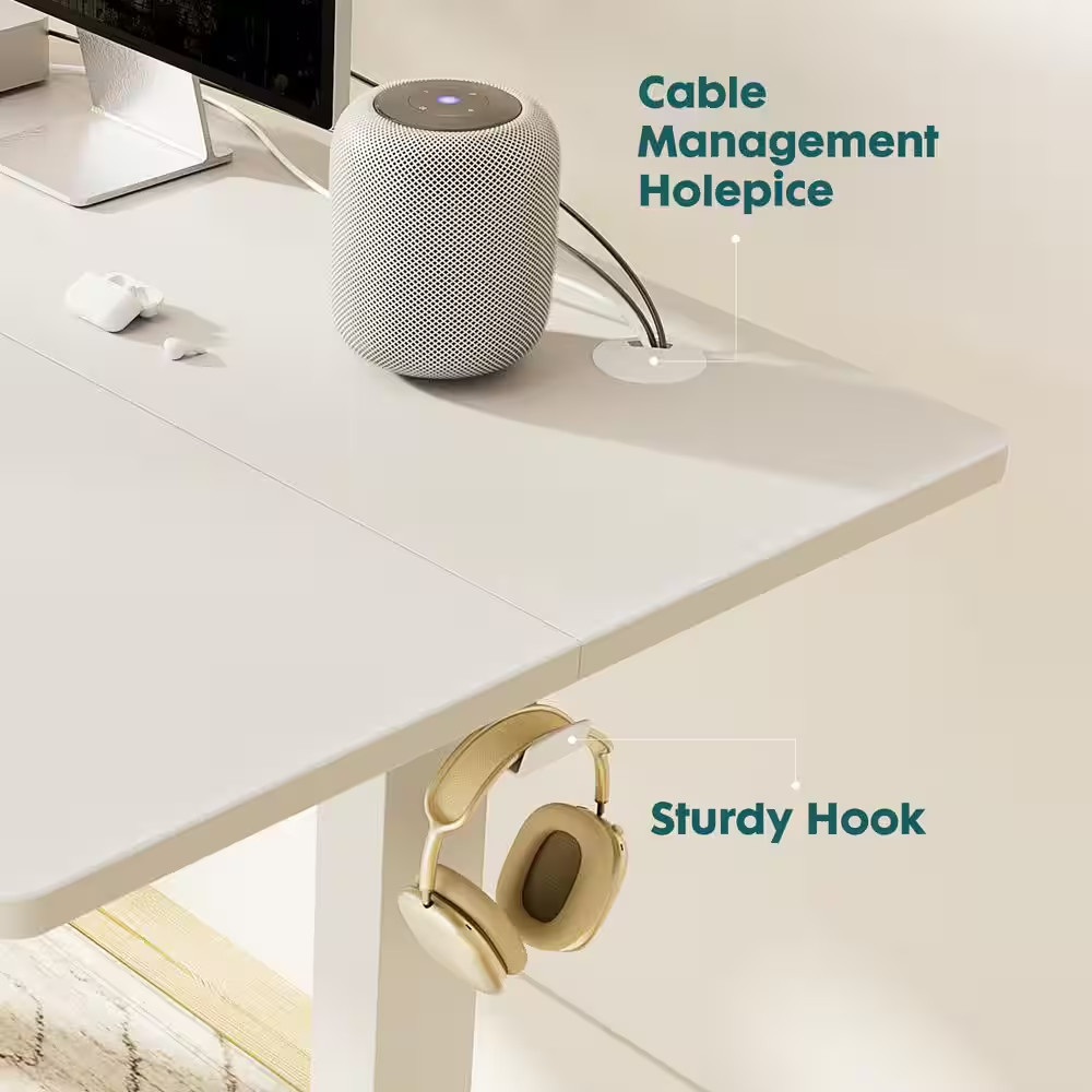 48 In. Rectangular White Wood Electric Standing Desk with Hooks and Wire Holes