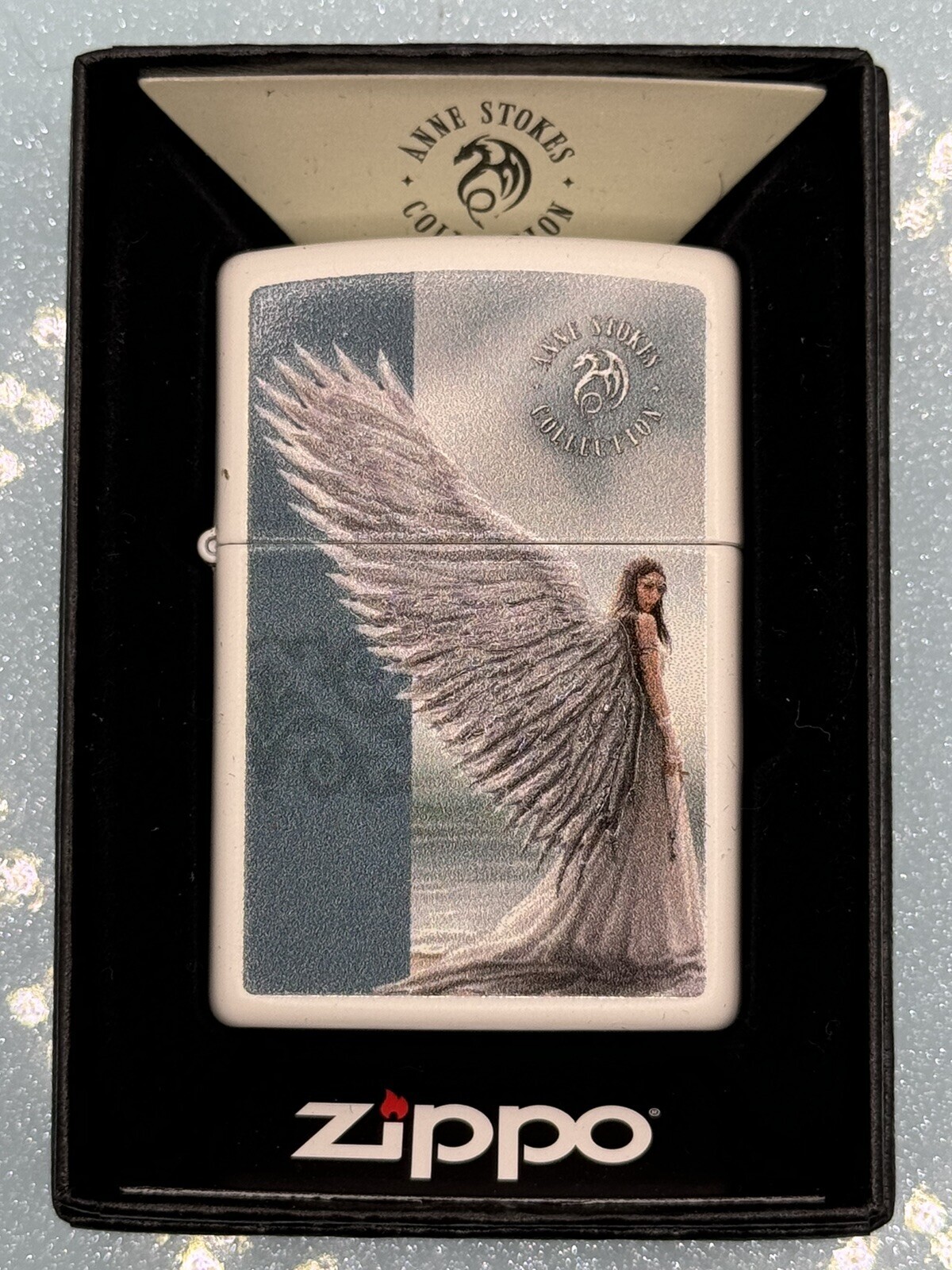2024 Anne Stokes Angel Textured Wings 46405 White Matte Zippo Lighter NEW